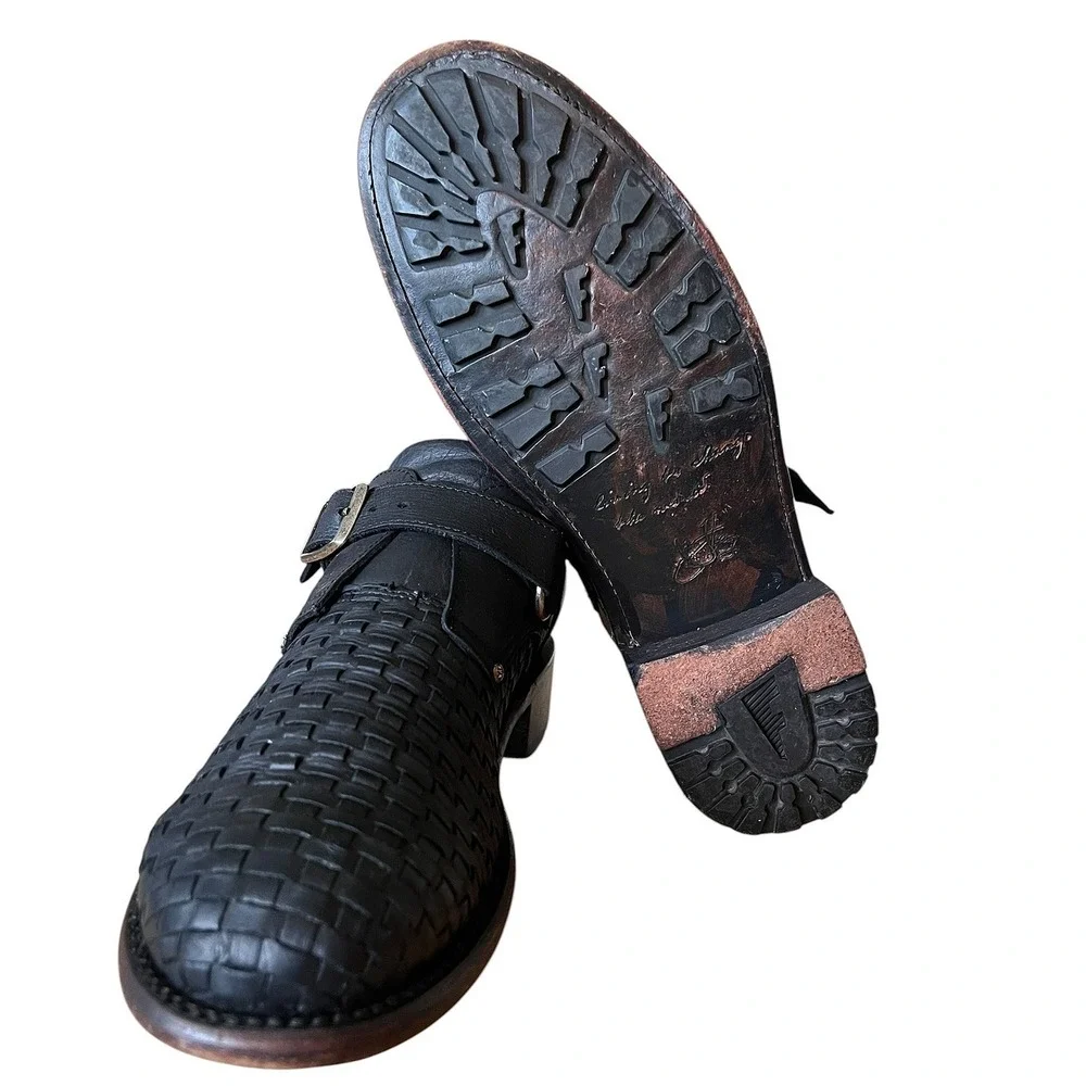 John Fluevog Ayn Black Woven Leather Monk Strap Shoes Low Block Heel Womens 10W